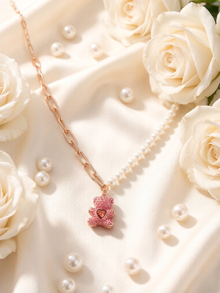 Swarovski Teddy Bear Pink Pearl Necklace Pendant